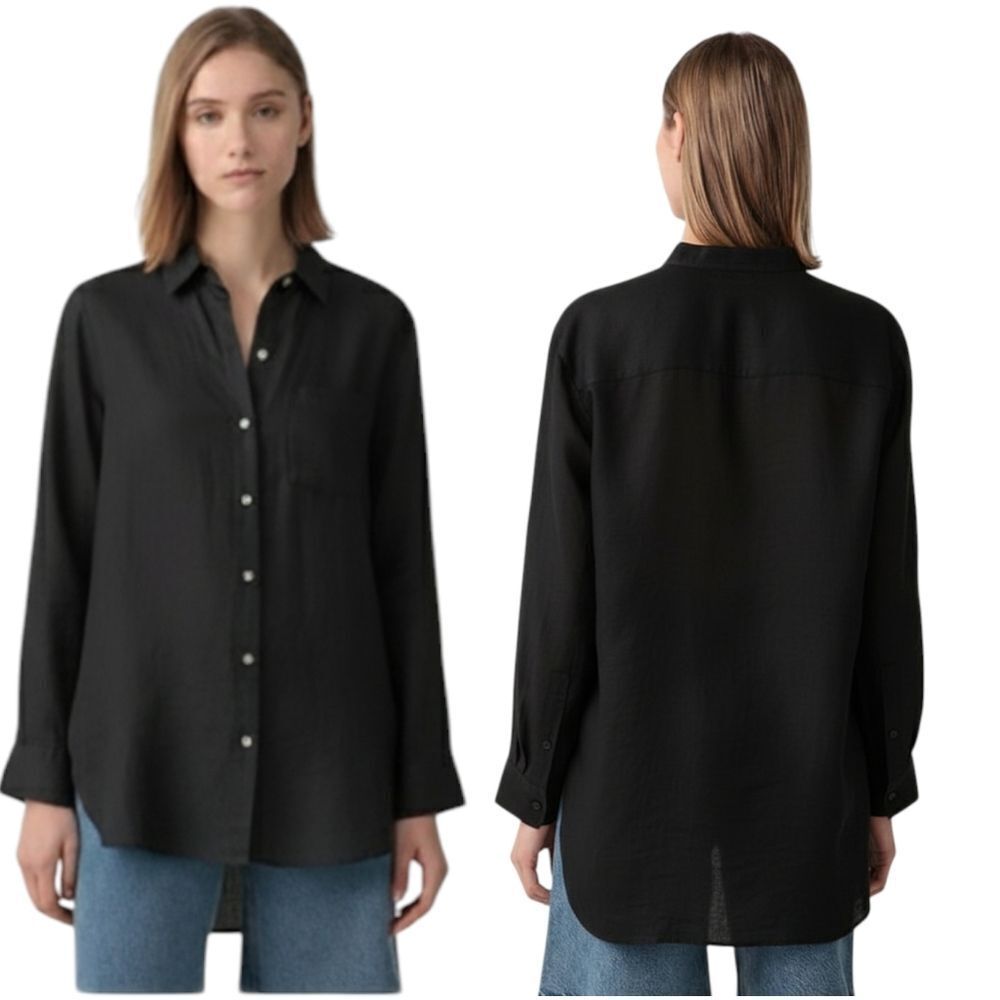 Theory Black 💯 Ramie Tunic Length Button Down Shirt M Us 8